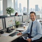 Ejecutivo frente a su escritorio mirando a cámara con computadoras detrás