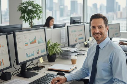 Ejecutivo frente a su escritorio mirando a cámara con computadoras detrás