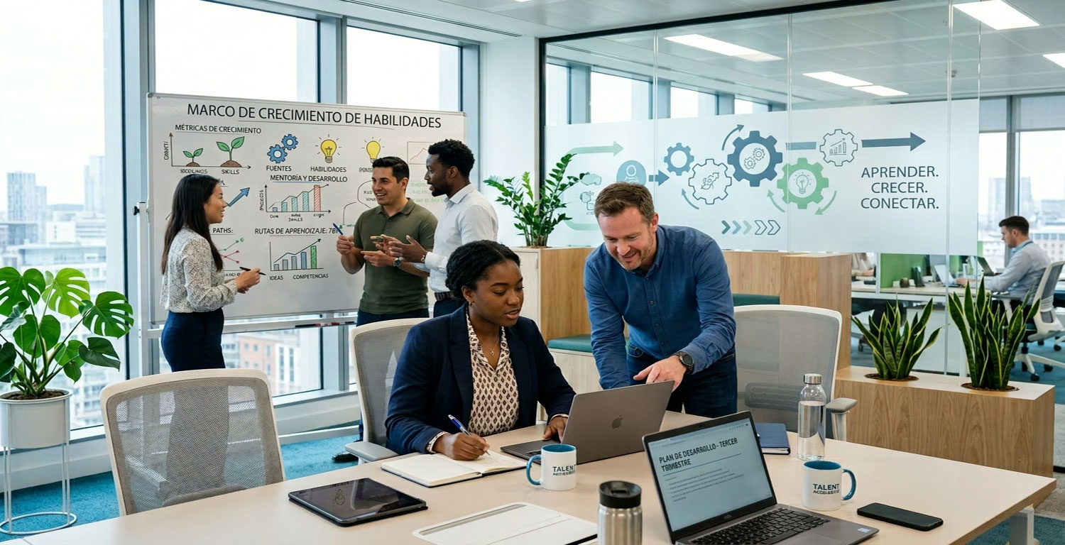grupo de colaboradores trabajando en el desarrollo de talento en una oficina