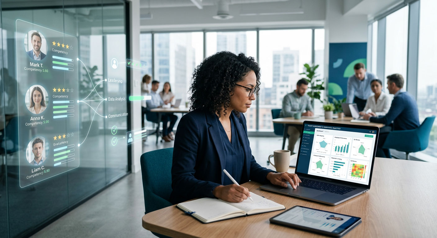 assessment: reclutadora analizando perfiles y viendo gráficos