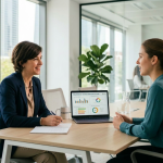 entrevistadora y empleada en una oficina luminosa representando el assesstment diagnostico y evaluacion