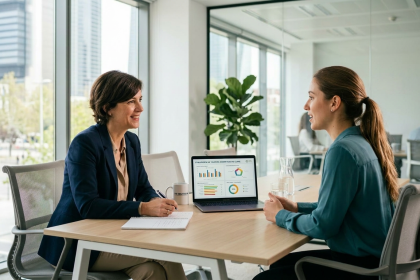 entrevistadora y empleada en una oficina luminosa representando el assesstment diagnostico y evaluacion