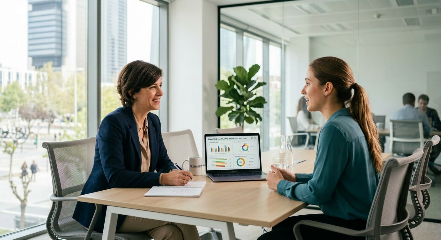 entrevistadora y empleada en una oficina luminosa representando el assesstment diagnostico y evaluacion