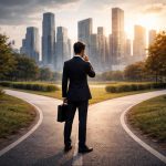 ejecutivo frente a dos caminos posibles usado como metáfora de cambio de trabajo