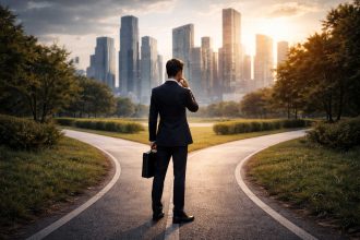 ejecutivo frente a dos caminos posibles usado como metáfora de cambio de trabajo