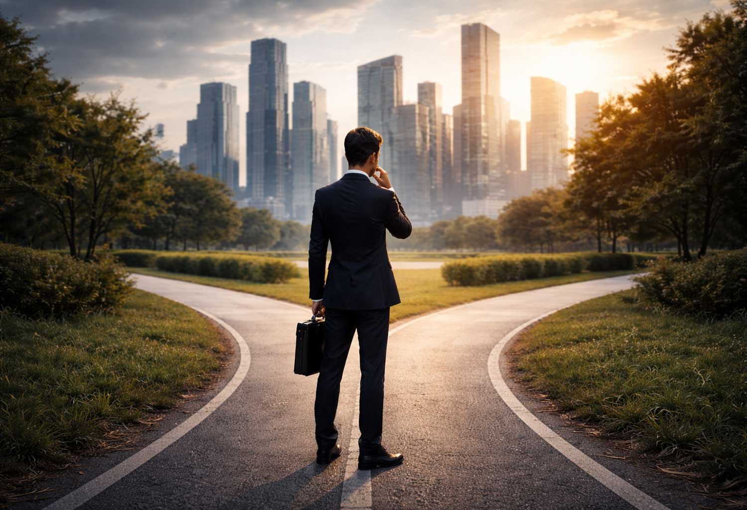 ejecutivo frente a dos caminos posibles usado como metáfora de cambio de trabajo