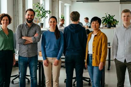 empleados en una oficina mirando a cámara mientras uno de ellos posa de espaldas