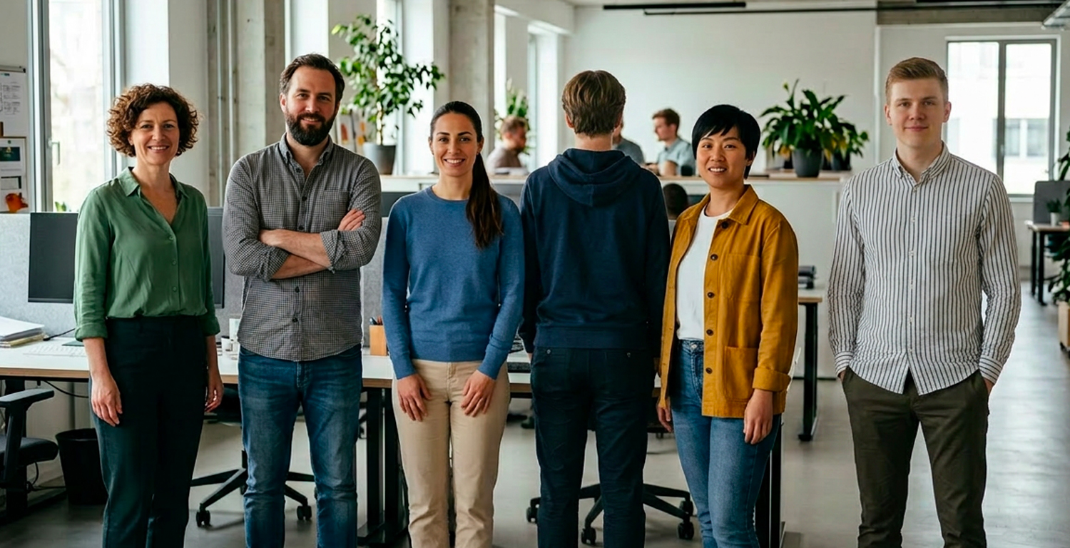 empleados en una oficina mirando a cámara mientras uno de ellos posa de espaldas