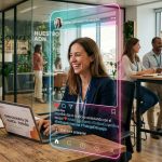 colaboradora compartiendo contenido sobre cultura organizacional en una oficina moderna, representando el rol de embajadora de marca interna