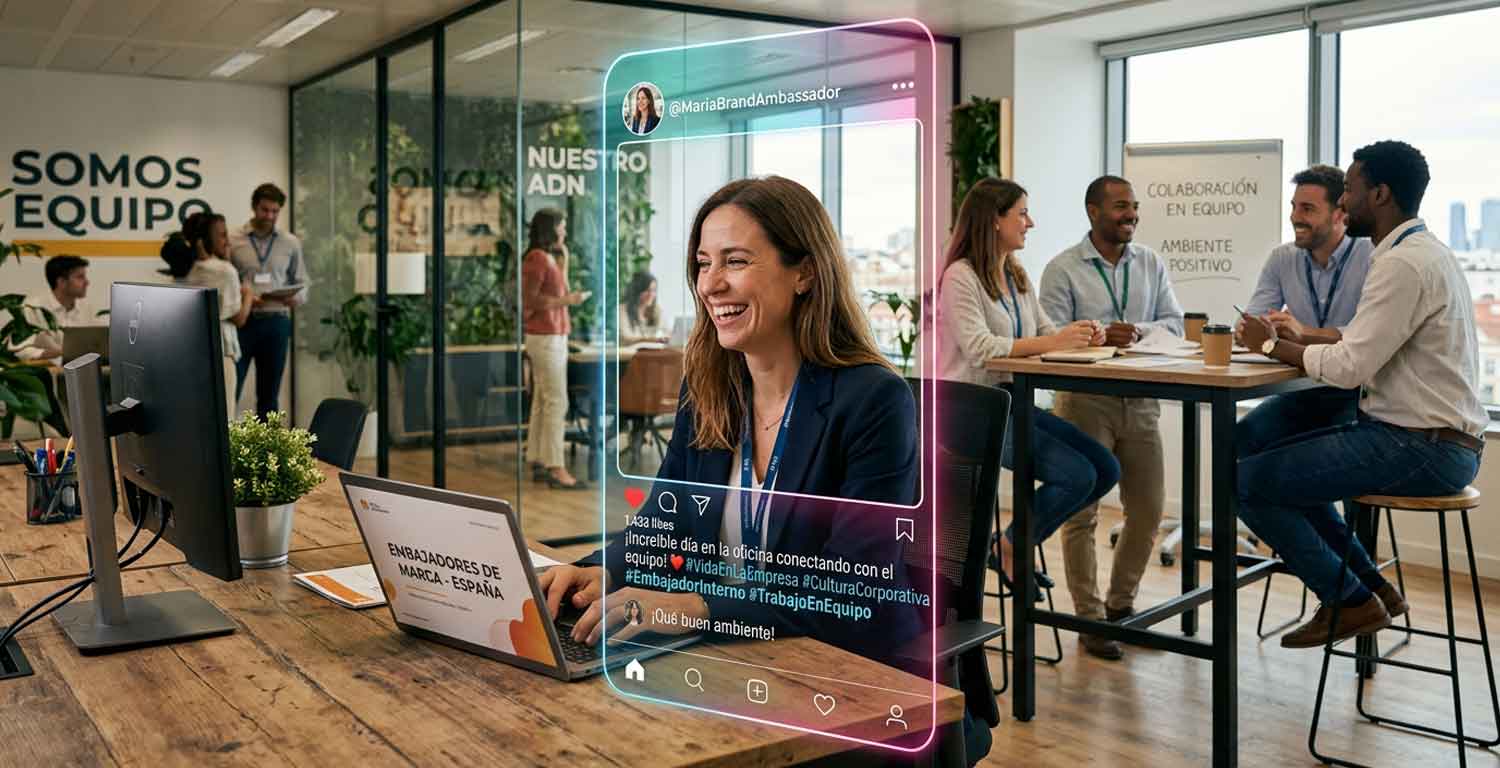 colaboradora compartiendo contenido sobre cultura organizacional en una oficina moderna, representando el rol de embajadora de marca interna