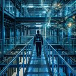 profesional recorriendo un data center con visualizaciones digitales de inteligencia artificial, ciberseguridad e infraestructura tecnológica