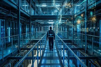 profesional recorriendo un data center con visualizaciones digitales de inteligencia artificial, ciberseguridad e infraestructura tecnológica