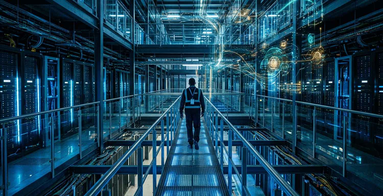 profesional recorriendo un data center con visualizaciones digitales de inteligencia artificial, ciberseguridad e infraestructura tecnológica