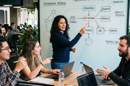 equipo de trabajo en oficina mientras una profesional presenta una estrategia técnica en una pizarra. El resto de los colaboradores observan con sus notebook en un entrono que refleja capacitación y conocimiento.