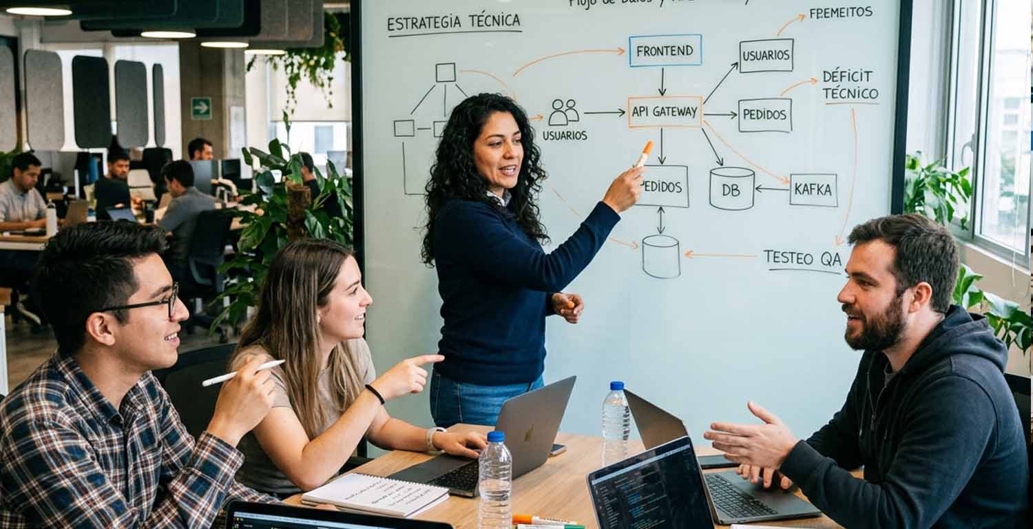 equipo de trabajo en oficina mientras una profesional presenta una estrategia técnica en una pizarra. El resto de los colaboradores observan con sus notebook en un entrono que refleja capacitación y conocimiento.