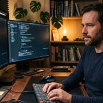 profesional it senior frente a la computadora en modo home office