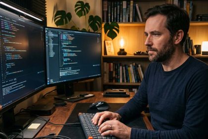 profesional it senior frente a la computadora en modo home office