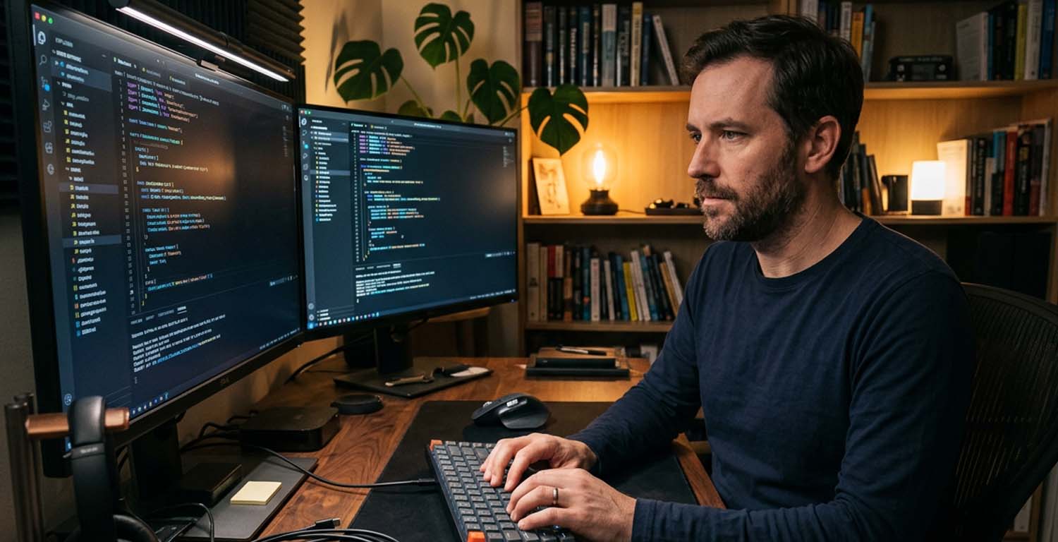 profesional it senior frente a la computadora en modo home office