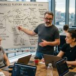 equipo de tecnología de startup reunido en una oficina mientras un líder explica la arquitectura de plataforma en una pizarra