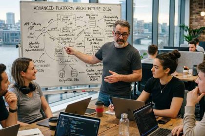 equipo de tecnología de startup reunido en una oficina mientras un líder explica la arquitectura de plataforma en una pizarra