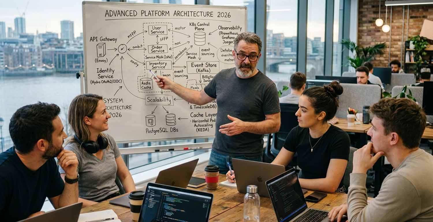 equipo de tecnología de startup reunido en una oficina mientras un líder explica la arquitectura de plataforma en una pizarra