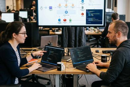 dos colegas de IT conversando frente a sus laptops y una pantalla