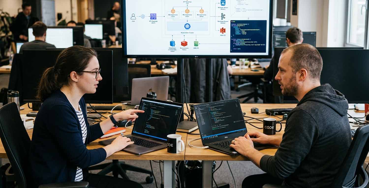 dos colegas de IT conversando frente a sus laptops y una pantalla
