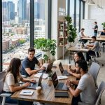 equipo de IT en oficinas modernas con vista la ciudad