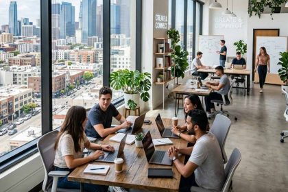 equipo de IT en oficinas modernas con vista la ciudad