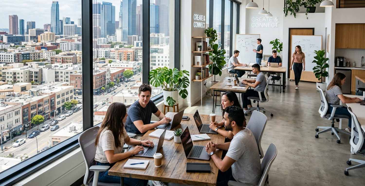 equipo de IT en oficinas modernas con vista la ciudad