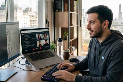 profesional de It frente a su computadora y con una segunda computadora atendiendo una reunión virtual