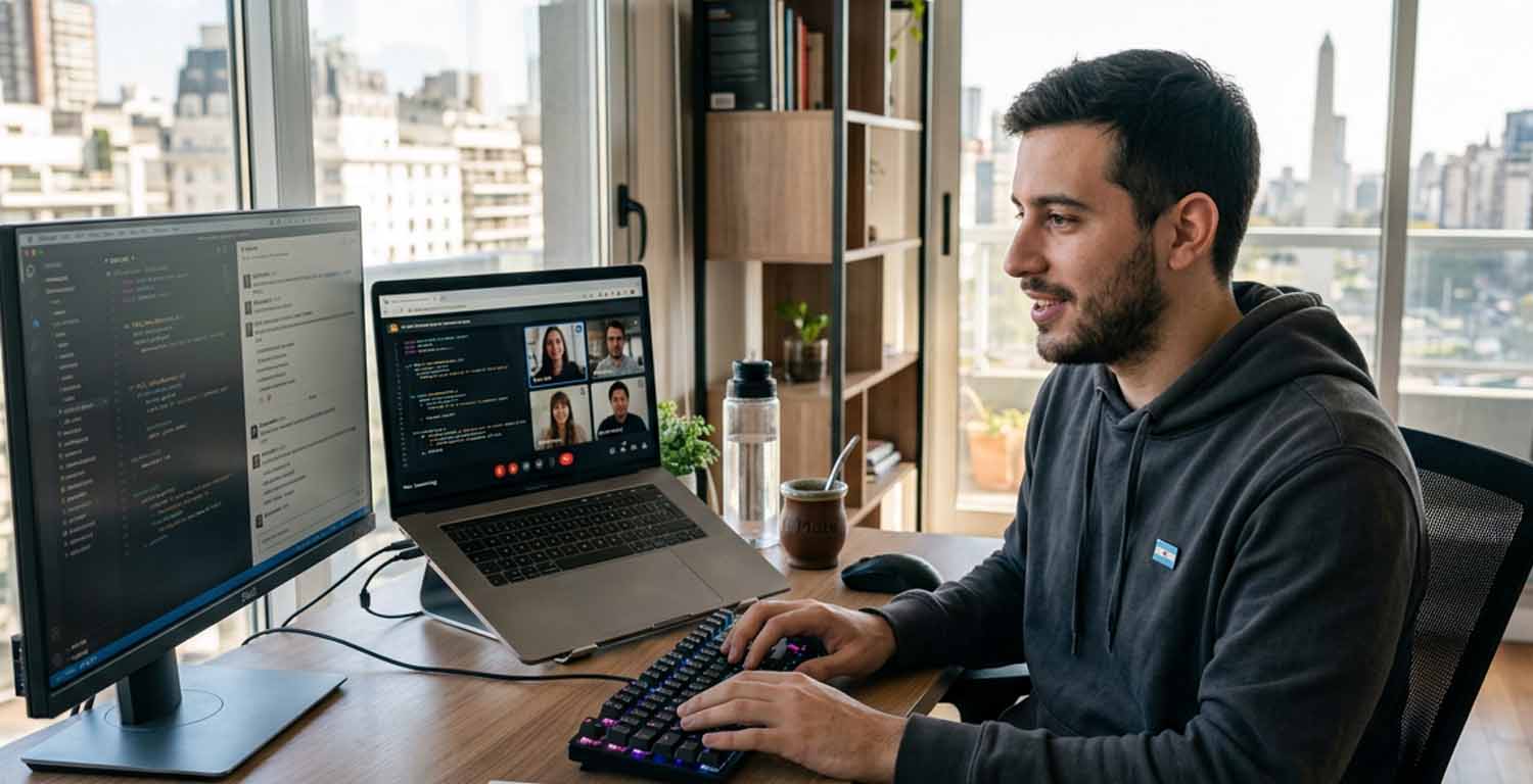 profesional de It frente a su computadora y con una segunda computadora atendiendo una reunión virtual
