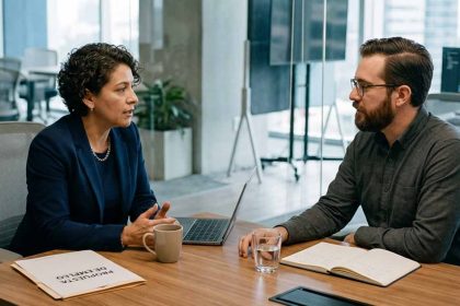 negociación en headhunting IT: reclutador y profesional negociando en una oficina