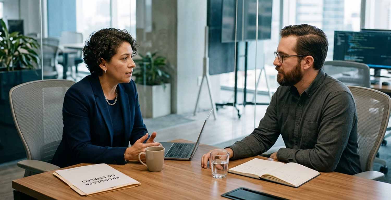 negociación en headhunting IT: reclutador y profesional negociando en una oficina