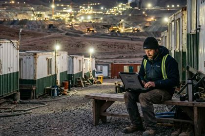trabajador minero utiloizando una notebook en un campamento remoto frente a una operación minera iluminada durante la noche