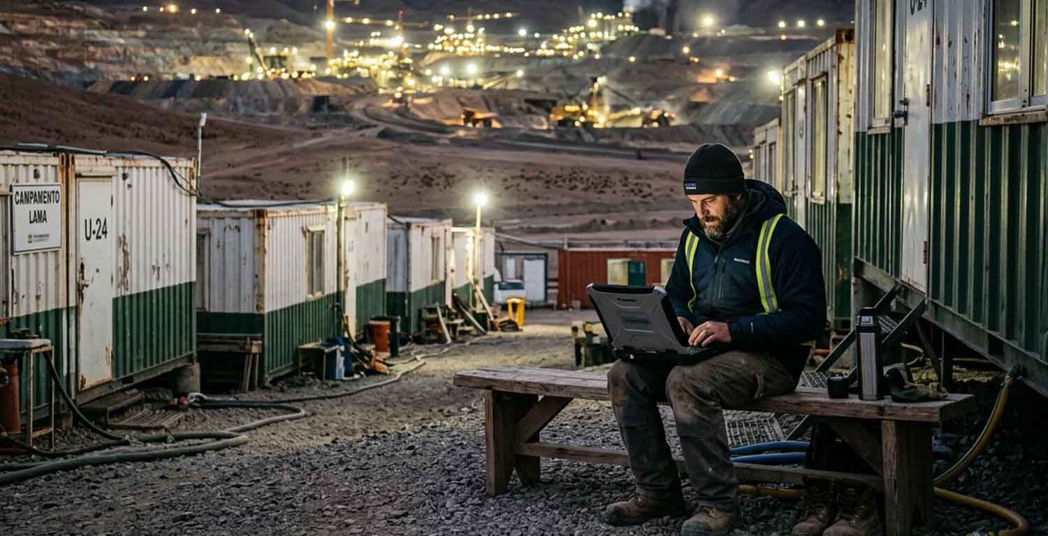 trabajador minero utiloizando una notebook en un campamento remoto frente a una operación minera iluminada durante la noche