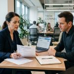 Consultor de transición de carrera asesorando a un profesional y revisando su curriculum en una oficina moderna