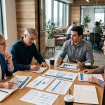 Profesionales de recursos humanos planificando programas de outplacement y analizando diagramas organizacionales en una oficina de coworking