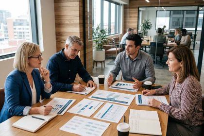 Profesionales de recursos humanos planificando programas de outplacement y analizando diagramas organizacionales en una oficina de coworking