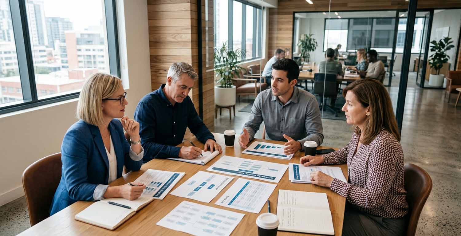 Profesionales de recursos humanos planificando programas de outplacement y analizando diagramas organizacionales en una oficina de coworking