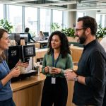 Grupo de empleados charlando junto a la máquina de café simbolizando la mejora del clima laboral y la productividad con outplacement