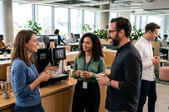 Grupo de empleados charlando junto a la máquina de café simbolizando la mejora del clima laboral y la productividad con outplacement