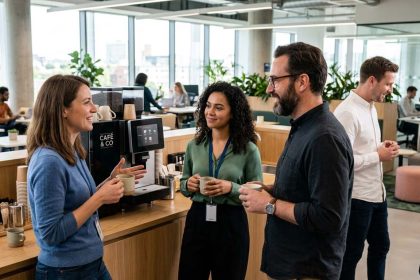 Grupo de empleados charlando junto a la máquina de café simbolizando la mejora del clima laboral y la productividad con outplacement