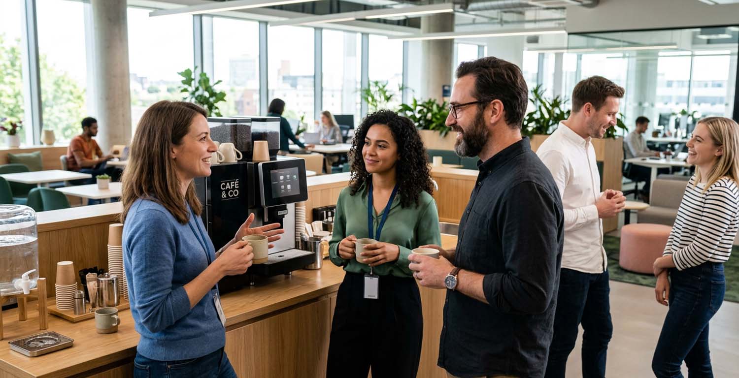 Grupo de empleados charlando junto a la máquina de café simbolizando la mejora del clima laboral y la productividad con outplacement