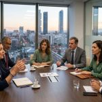 Ejecutivos discutiendo estrategias de restructuración de personal en una sala de reuniones en oficina vidriada