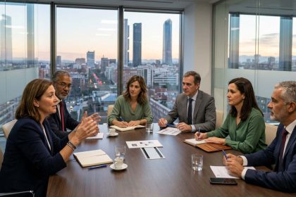 Ejecutivos discutiendo estrategias de restructuración de personal en una sala de reuniones en oficina vidriada