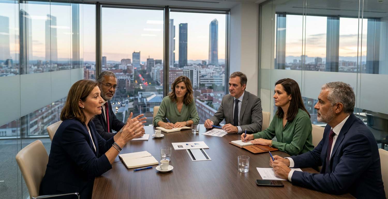 Ejecutivos discutiendo estrategias de restructuración de personal en una sala de reuniones en oficina vidriada