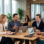 Profesionales diversos en una oficcina de coworking usando laptops y discutiendo de empleabilidad y oportunidades de carrera