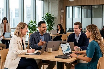 Profesionales diversos en una oficcina de coworking usando laptops y discutiendo de empleabilidad y oportunidades de carrera