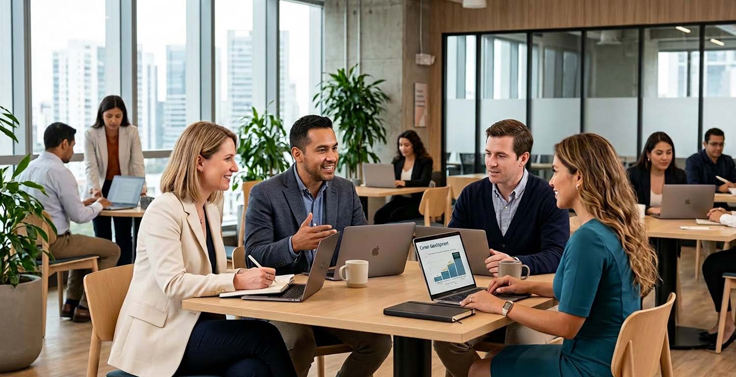 Profesionales diversos en una oficcina de coworking usando laptops y discutiendo de empleabilidad y oportunidades de carrera